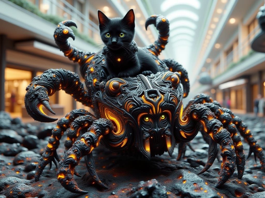 Kitten Rides Scorpion-Dozer Through Mall in Dark Style