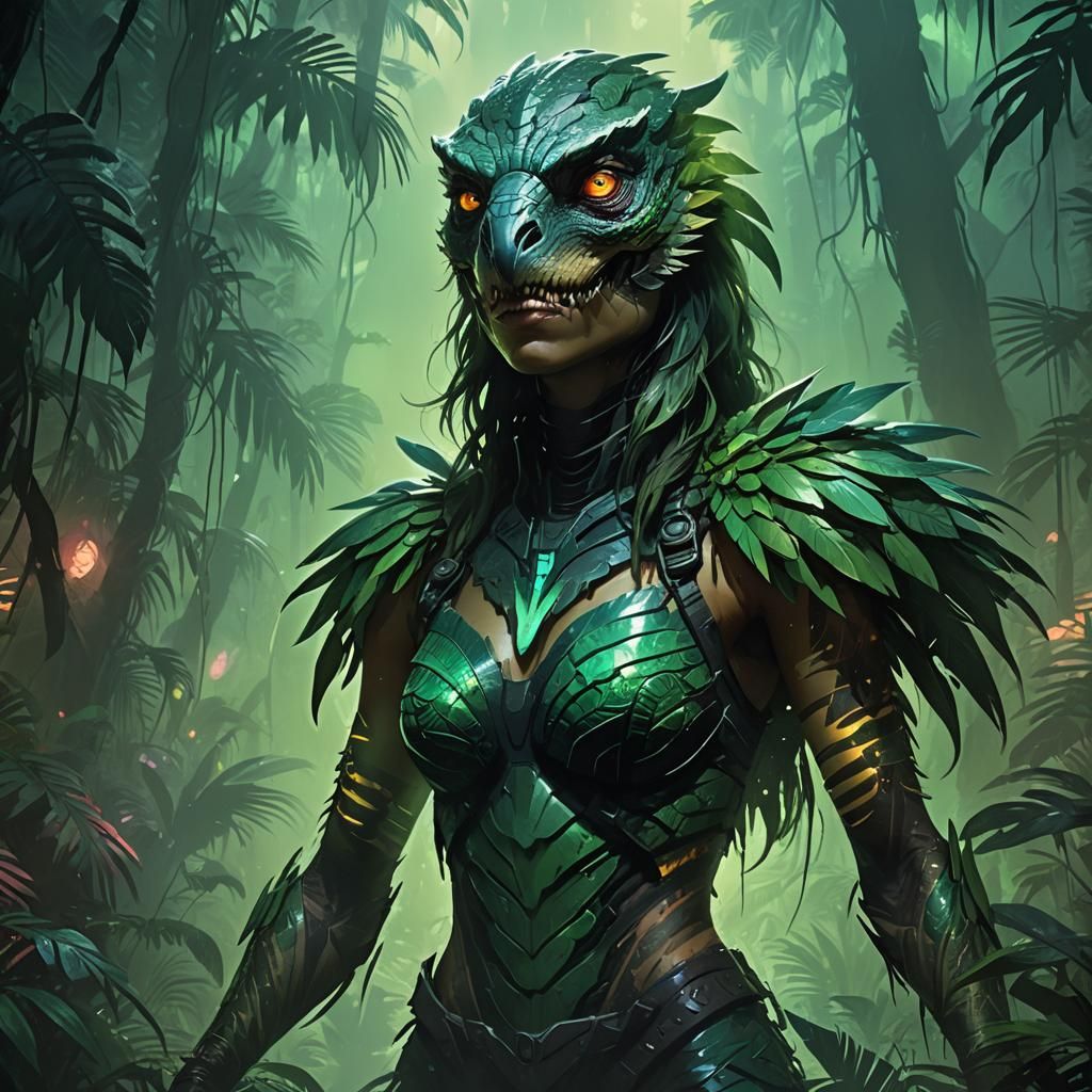 Raptor Woman in Neon Jungle: Digital Art