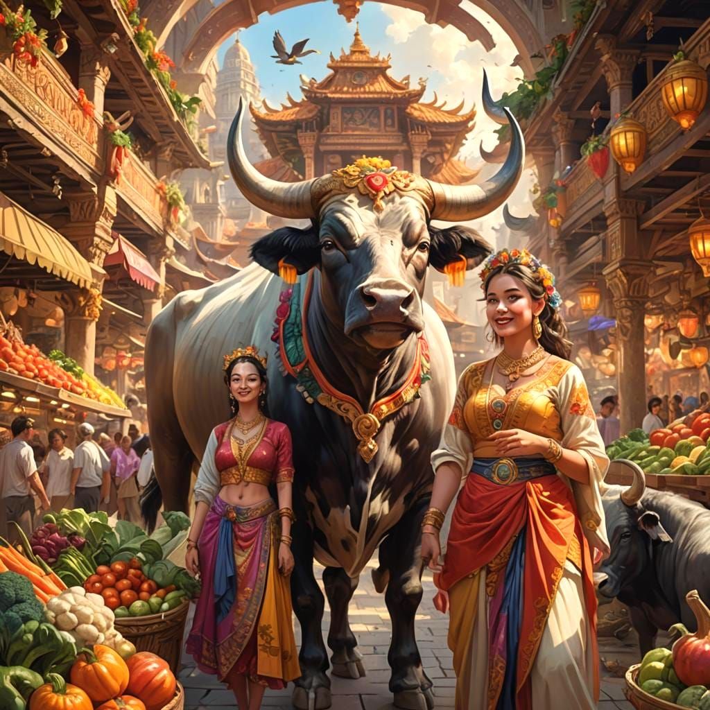Bulls and Beauties in Ancient Marketplace, Fantasy Art