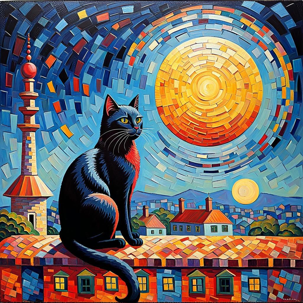 Black Cat Under Full Moon as Impasto Painting