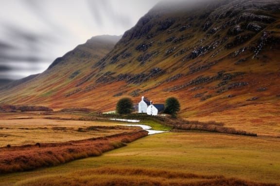 Scottish Farmhouse in Autumn Watercolor Landscape