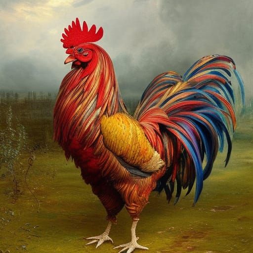 Colorful Rooster in Garden, Constable-Inspired Art