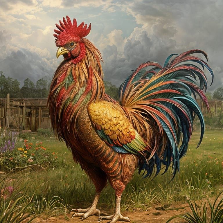 Colorful Rooster in Garden, Constable-Inspired Art