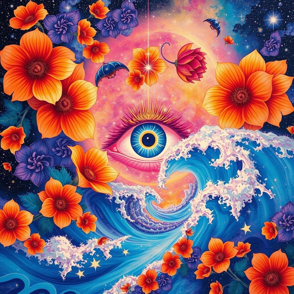 Korean-Inspired Sci-Fi Dreamscape with Radiant Floral Patter...