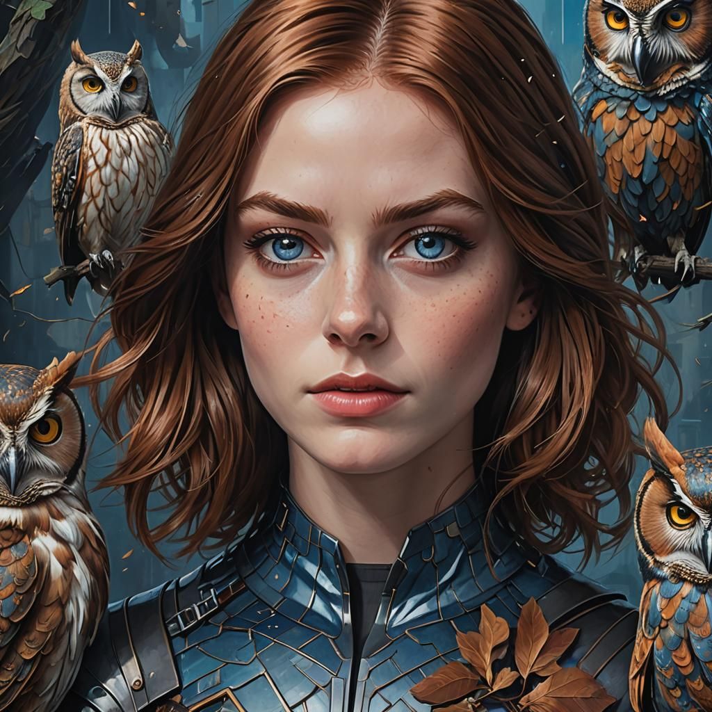 Hyperrealistic Portrait of Woman in Owl Mask