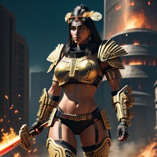 Aztec Warrior Woman with Flaming Sword in Cyberpunk Style