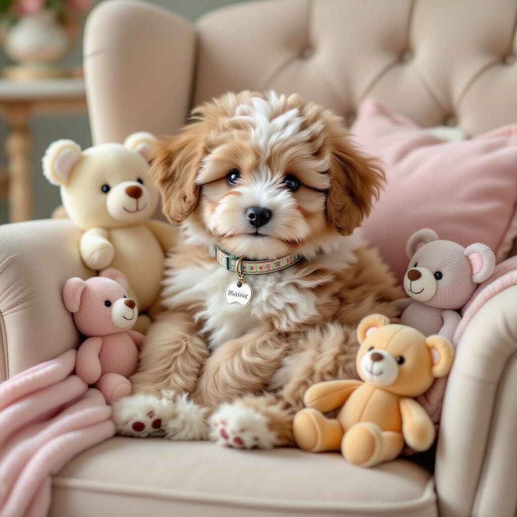Rainbow Puppy in Armchair, Whimsical Illustration