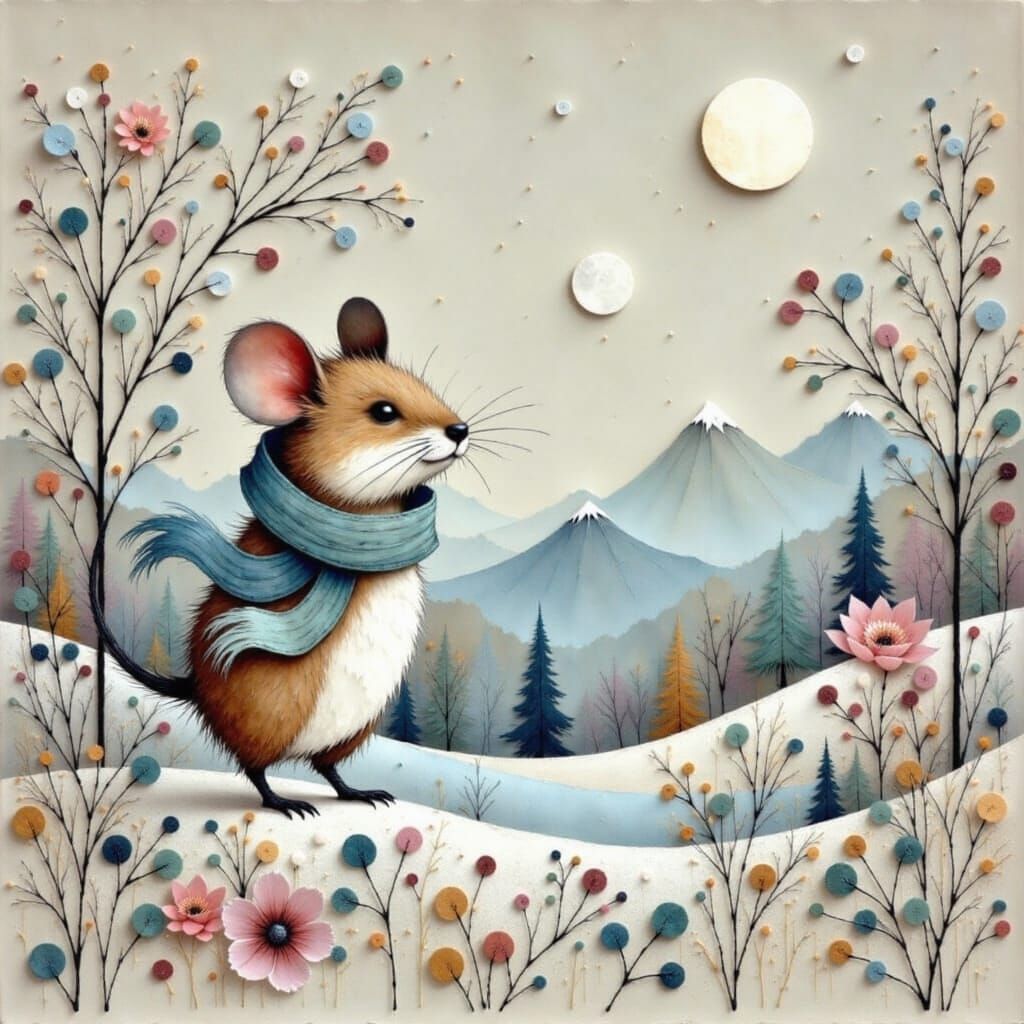 Winter Wonderland Paper Art with Adorable Mouse in Shimmerin...