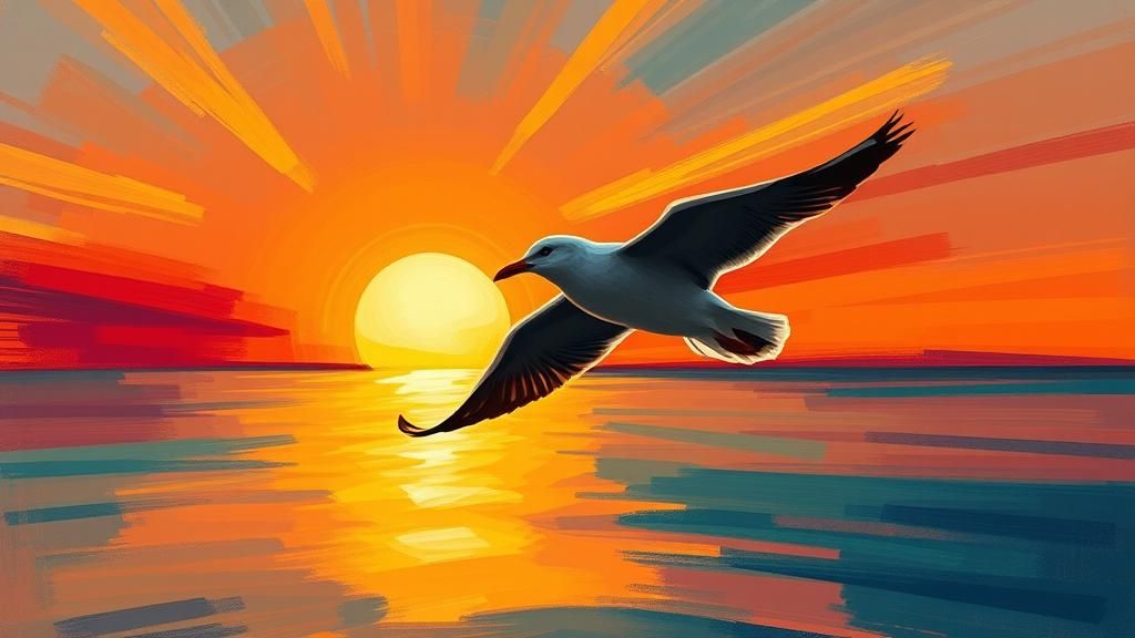 Seagull Silhouette at Sunset in Abstract Style