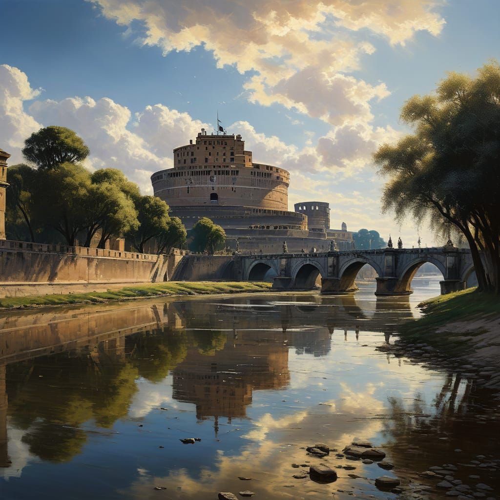 Italian Castle on the Tiber River in Warm Golden Light