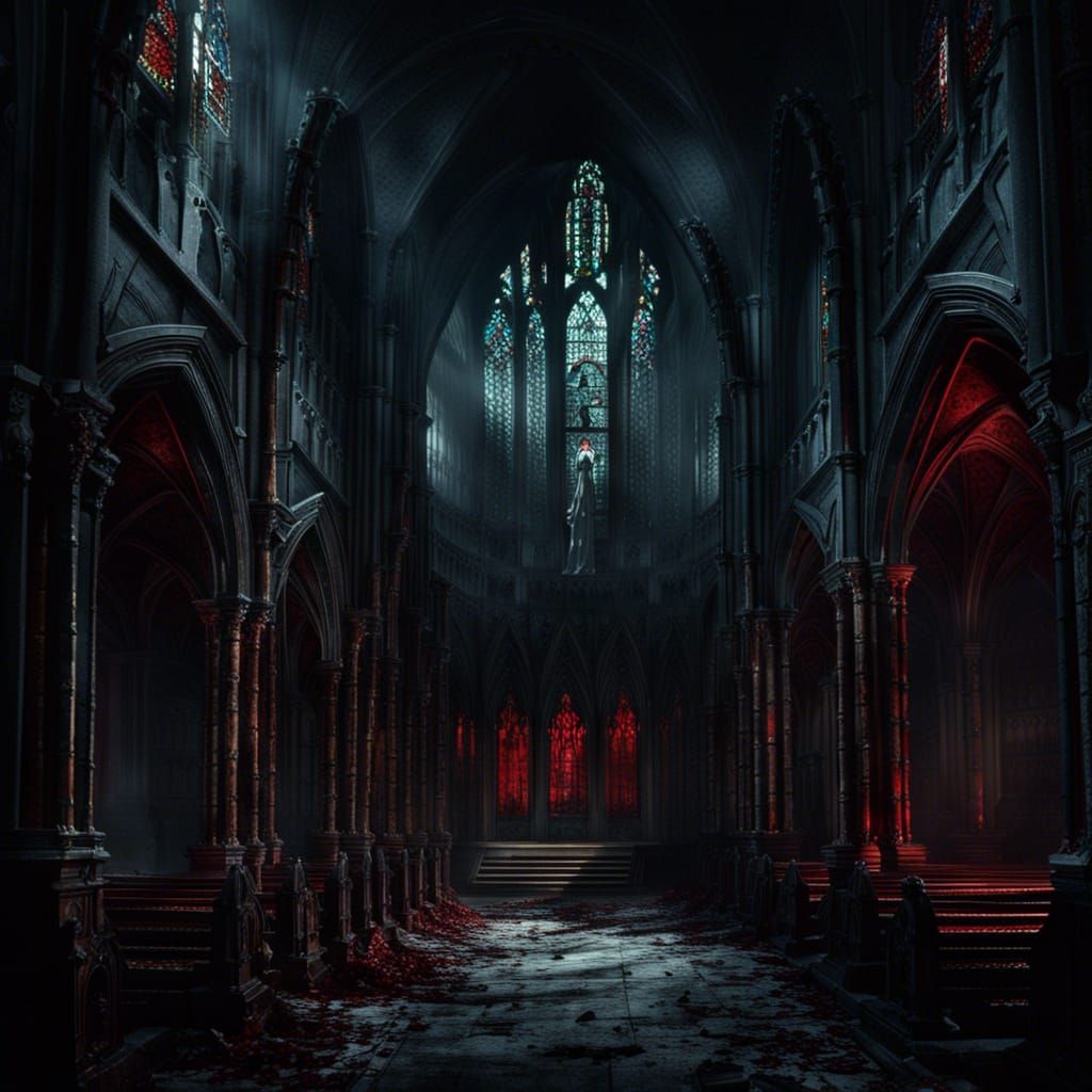 Gothic Horror Church with Obsidian Pillars