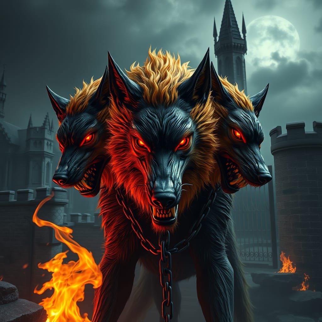 Dark Fantasy Three-Headed Wolf in Medieval Castle Ruins