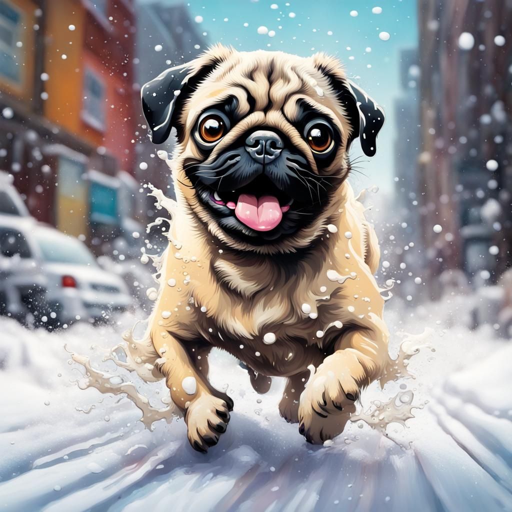 Cute Pug Running in Snow, Graffiti Art Style