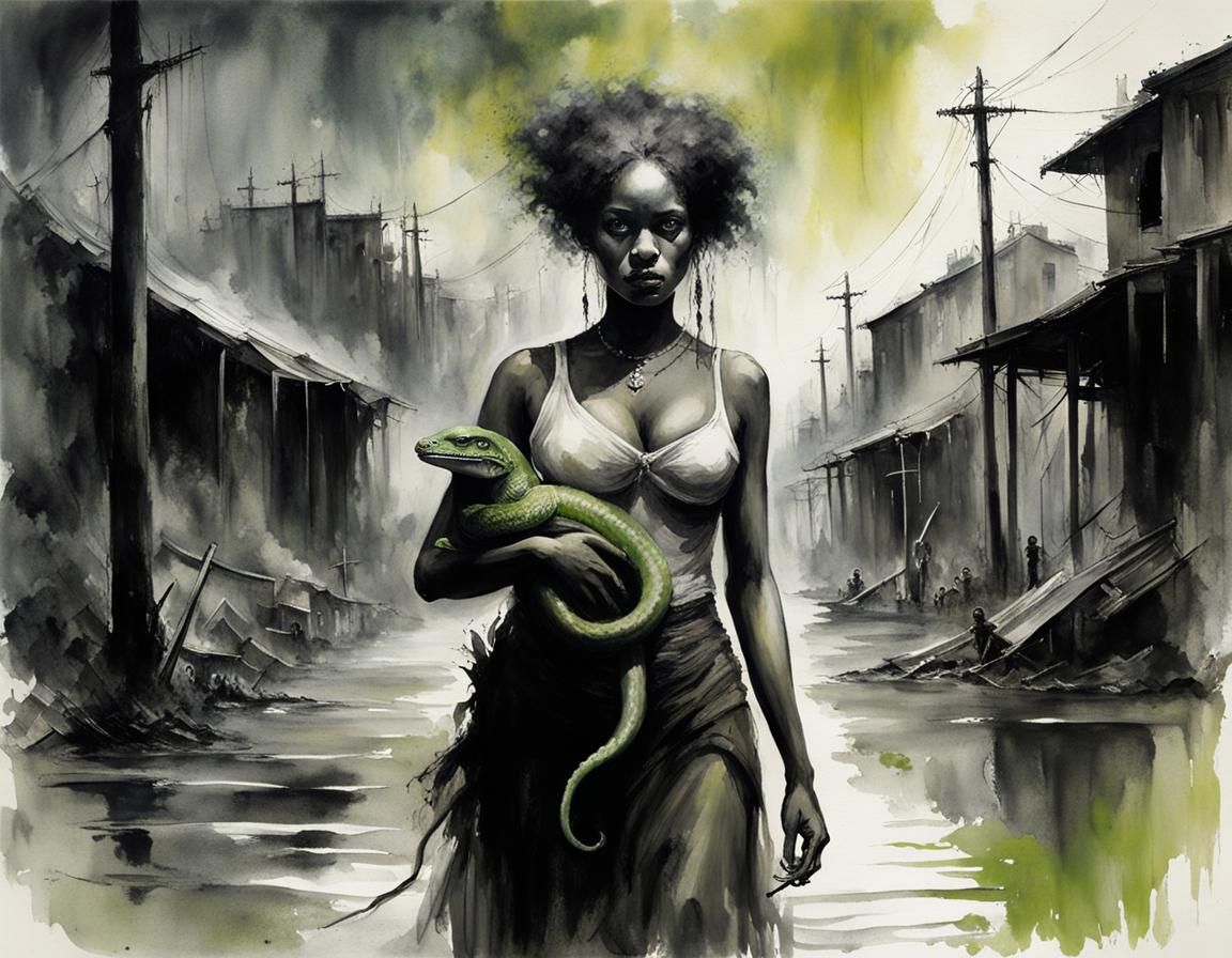 Voodoo Girl with Snake in Grayscale Watercolor