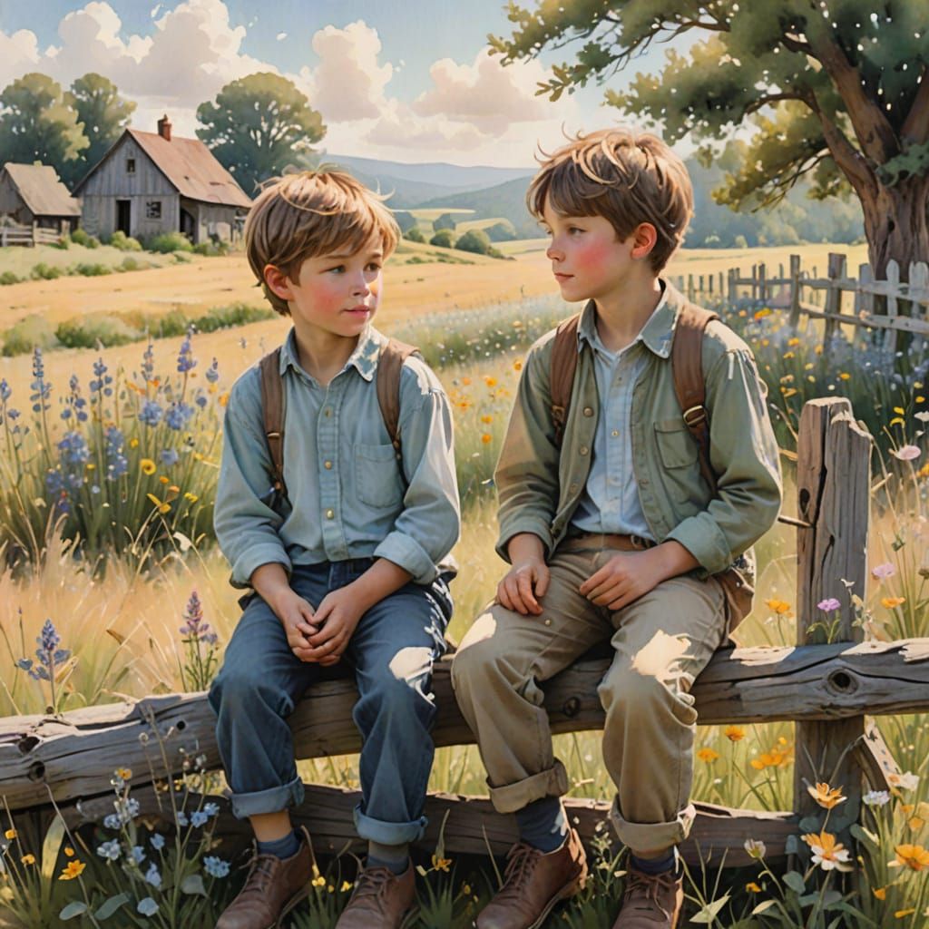 Whimsical Watercolor Scene of Two Boys in a Sunlit Meadow
