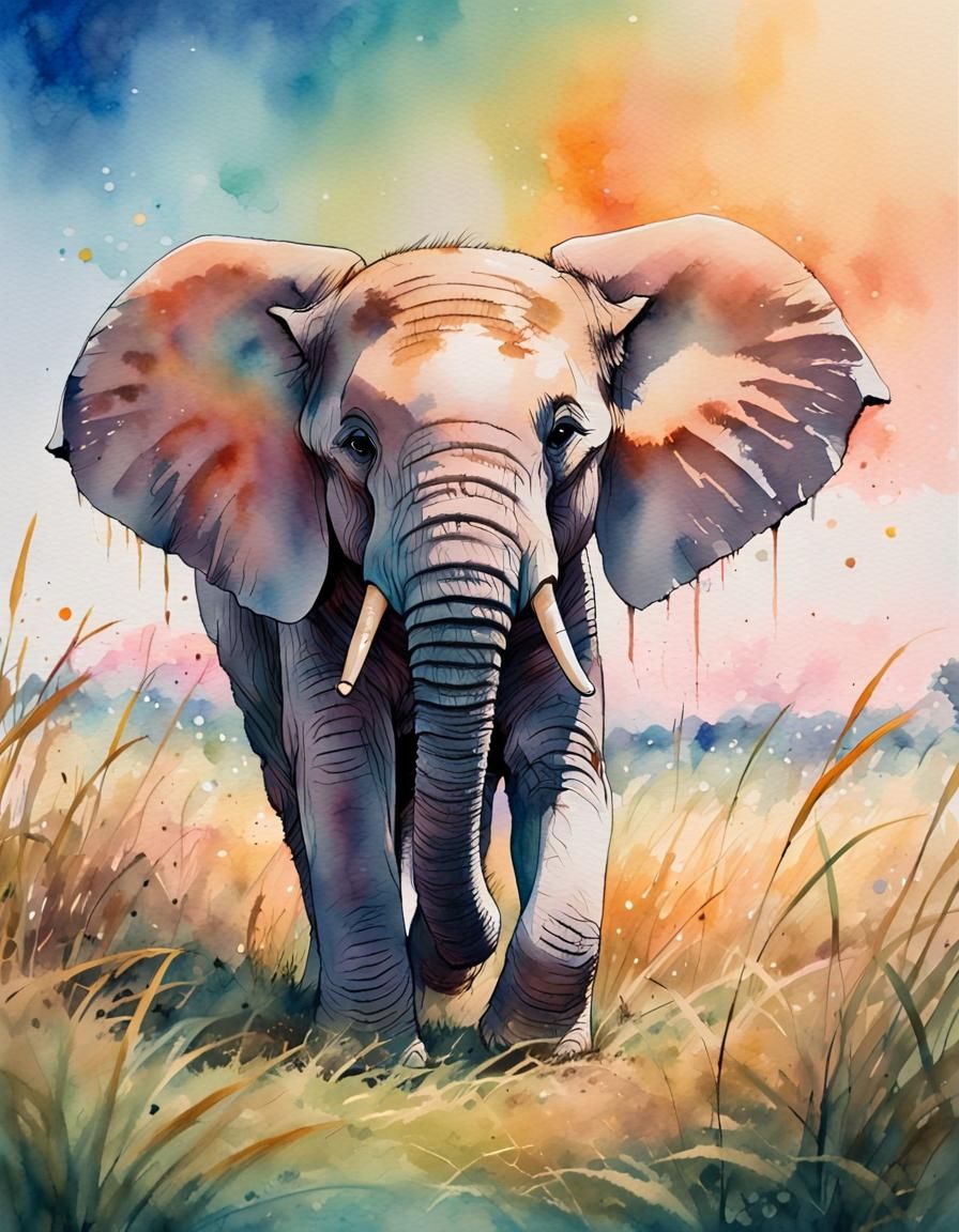 Cute Elephant in African Grasslands, Watercolor Ghibli Style