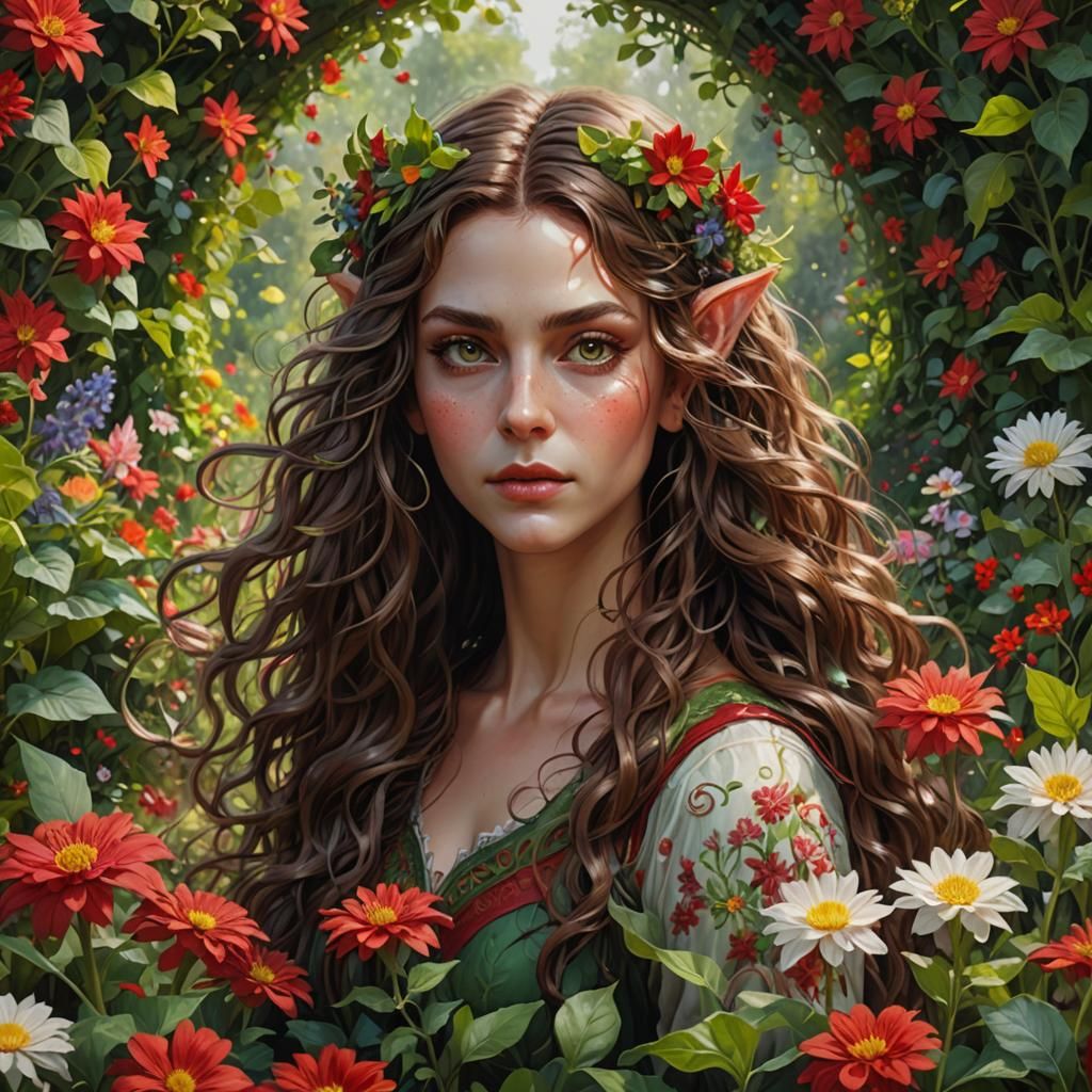 Elven Woman in Flower Garden: Hyperrealistic Portrait