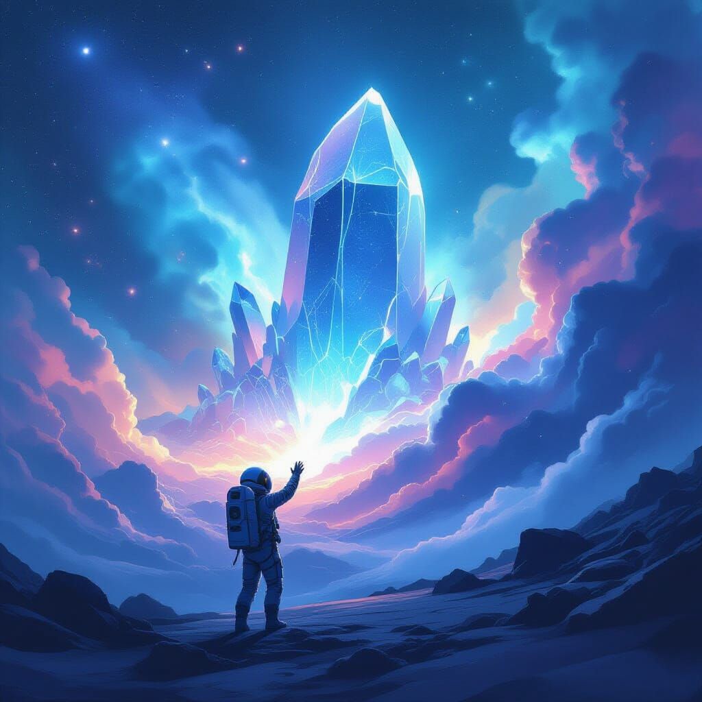 Astronaut Reaching for Crystalline Structure in Nebula