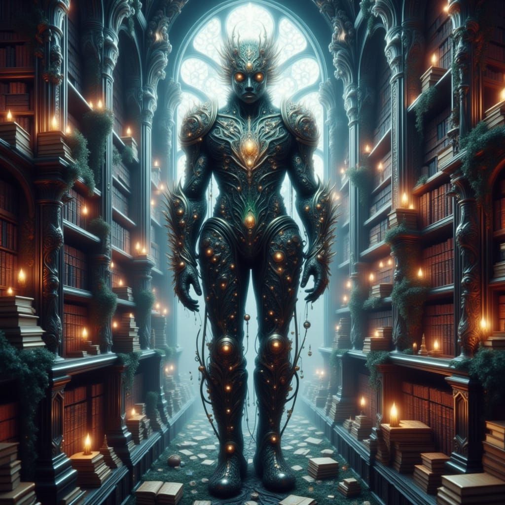 Mossy Automaton Guarding Library in Steampunk Dark Fantasy