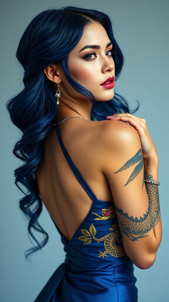 Elegant Regal Woman in Luxurious Blue Satin Gown with Dark B...