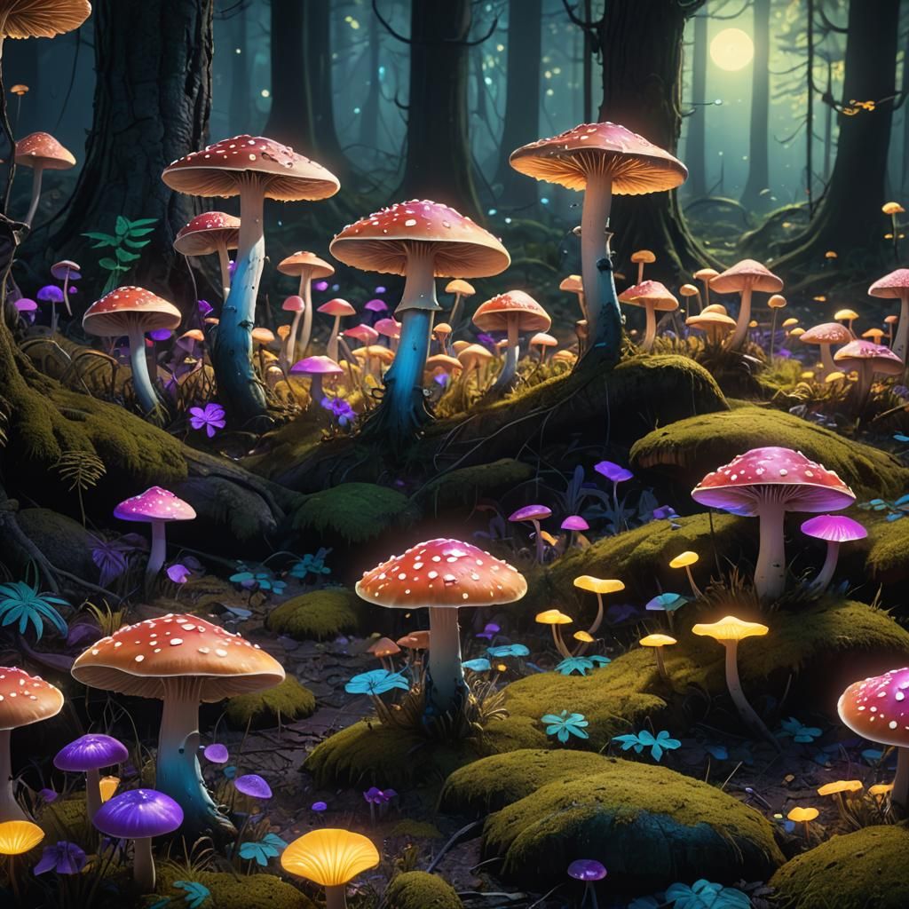 Glowing Fluorescent Mushrooms in a Fantasy Forest