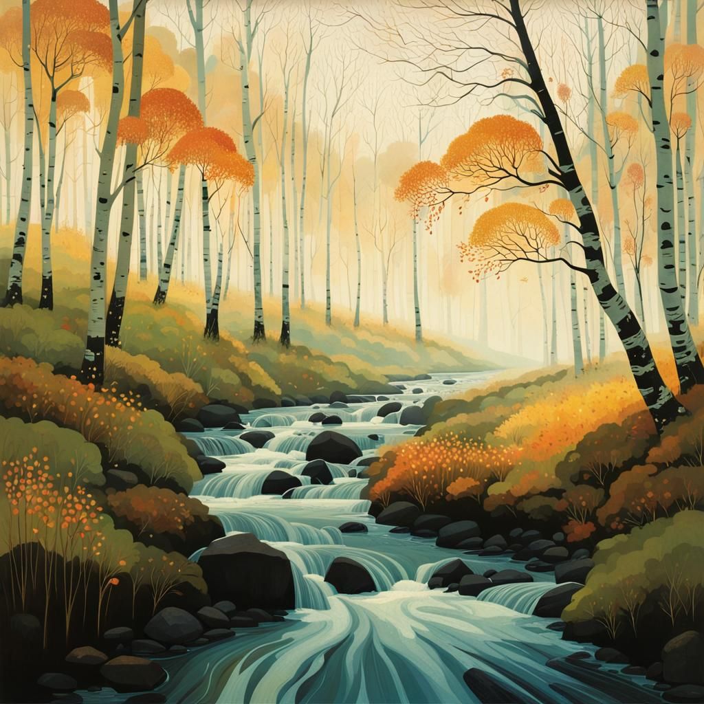 Autumn Forest Meadow Stream in Soft Sunlight Mist