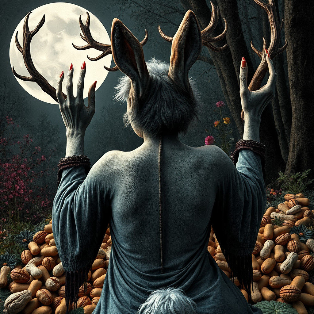 Hedge Witch with Antlers in Surrealist Moonlight