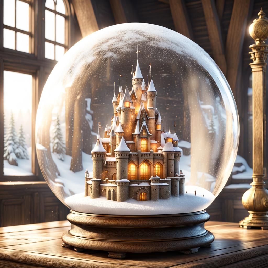 Snowbound Castle in Glass Sphere, Photorealistic 3D Render