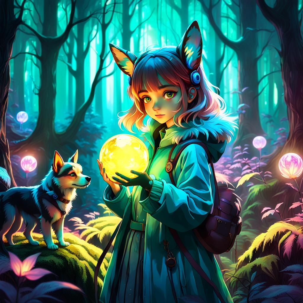 Anime Girl with Dog Features in Mystic Forest