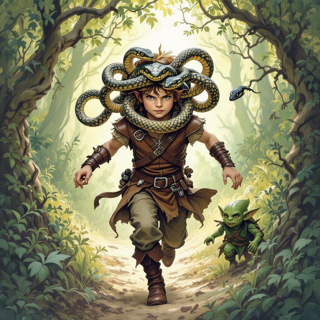 Boy with Snakes and Goblin in Whimsical Forest