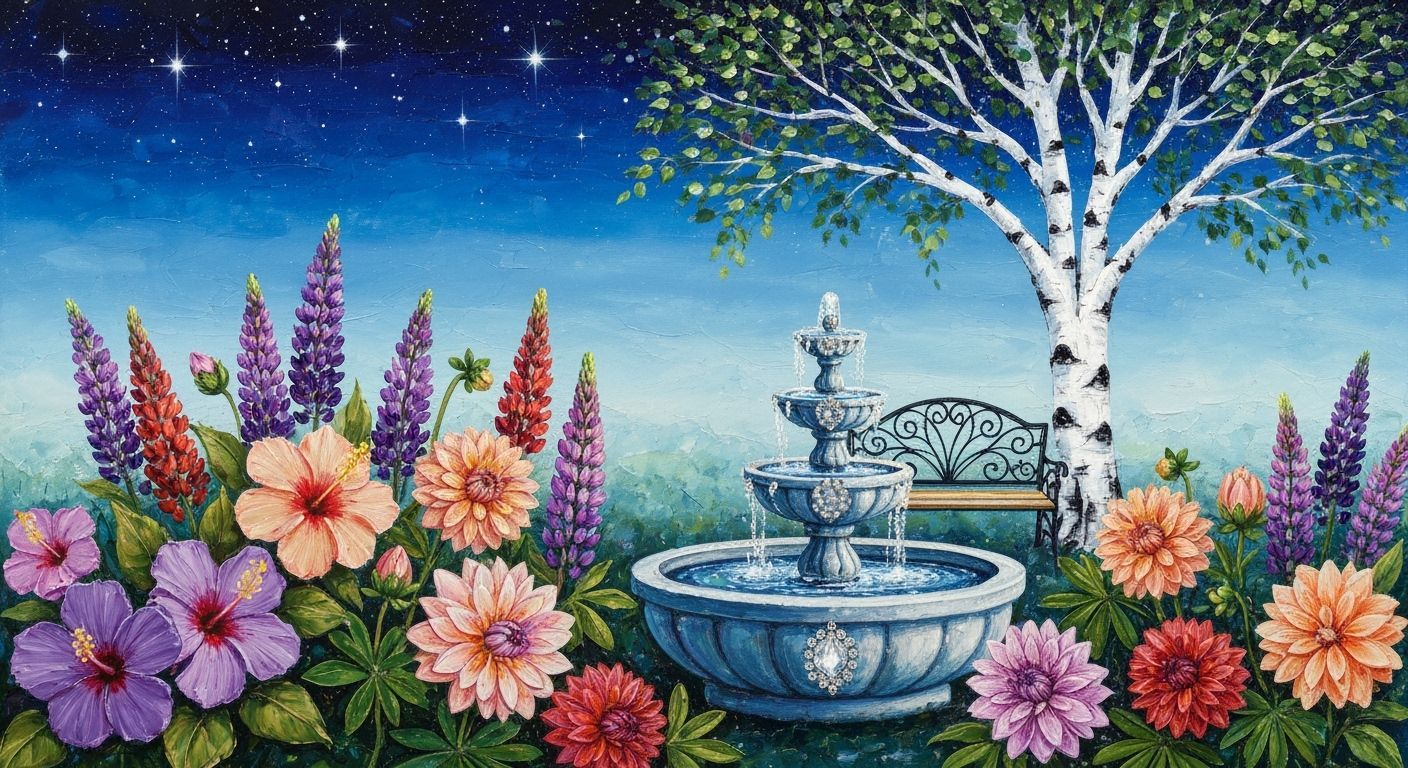 Vibrant Summer Flowers by Water Fountain as Impasto Painting