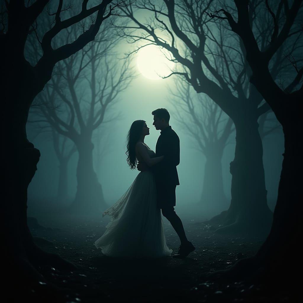 Dramatic Couple in Dark Forest Under Moonlight