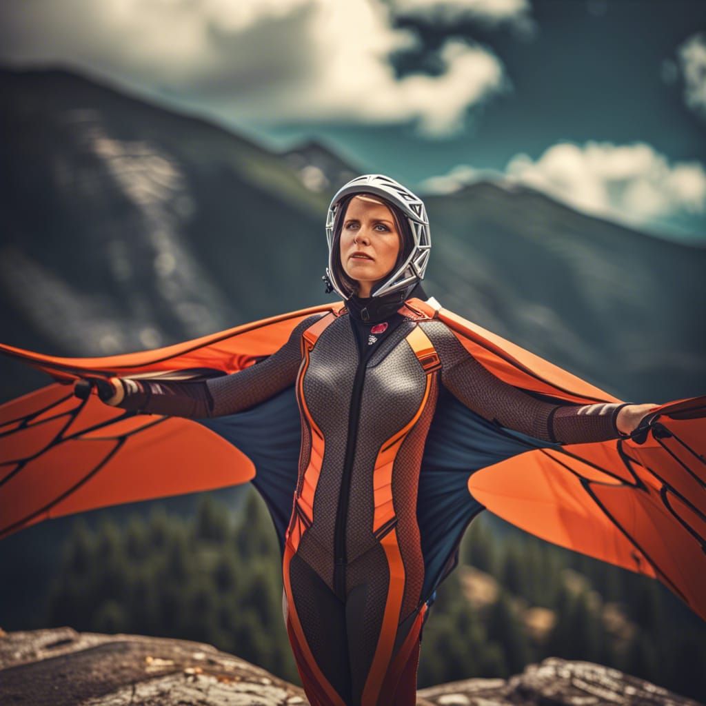 Woman Modeling SQRL Wingsuit in Hyperrealistic Style
