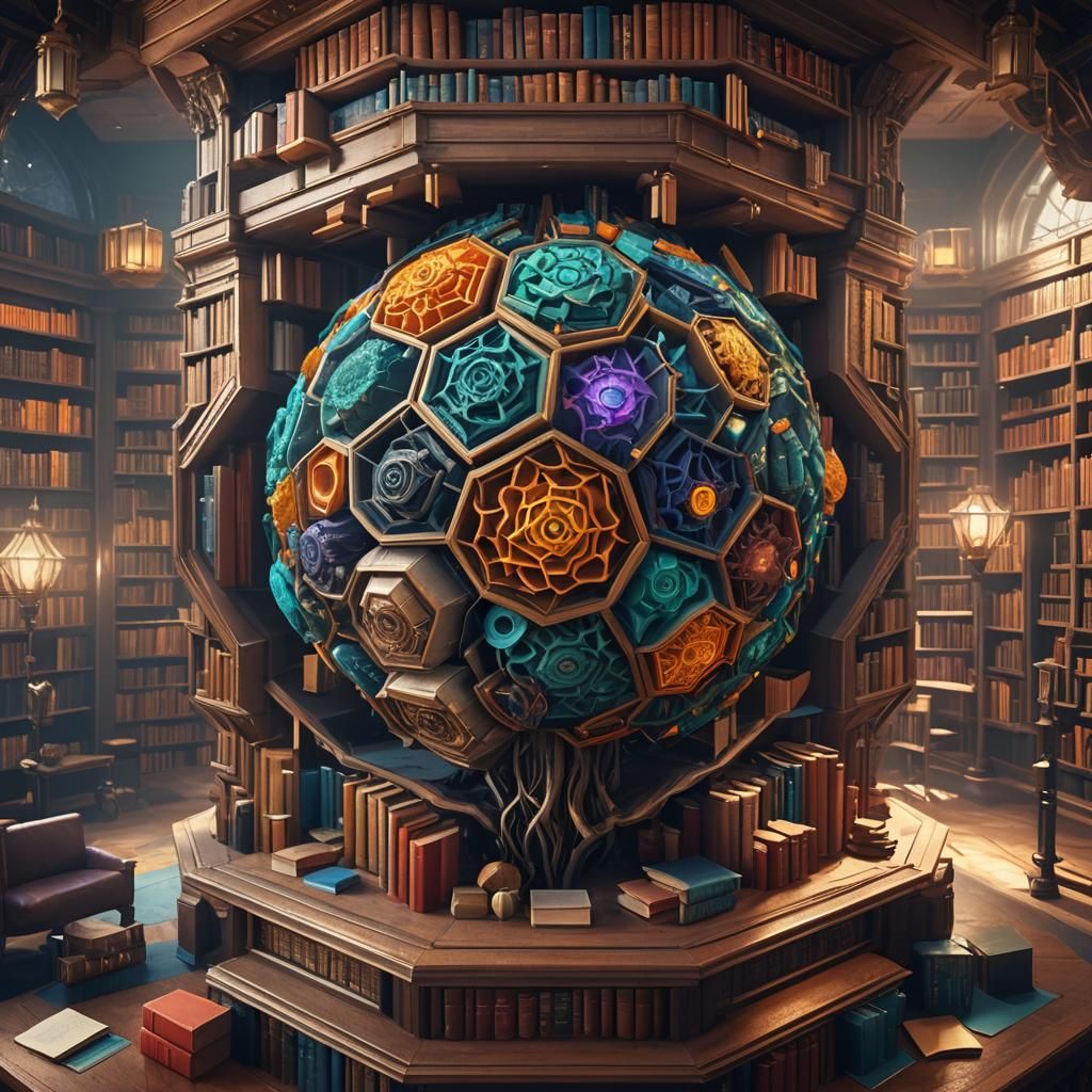 Hexagon Library Brain: Detailed Fantasy Concept Art