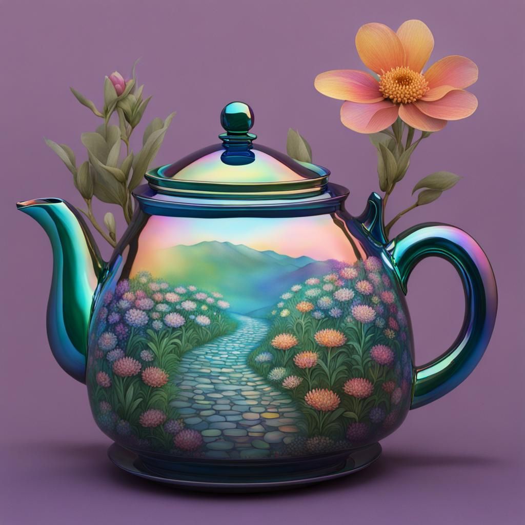 Iridescent Teapot with Flower Path Design