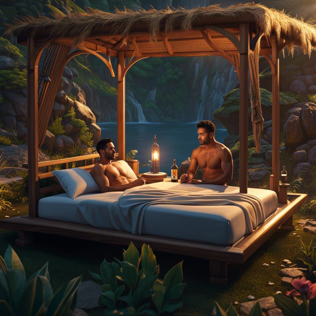 Two Handsome Men Reading on a Beach at Sunset