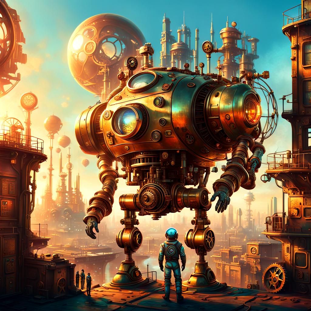 Clockwork Astronaut Overlooking Steampunk Metropolis