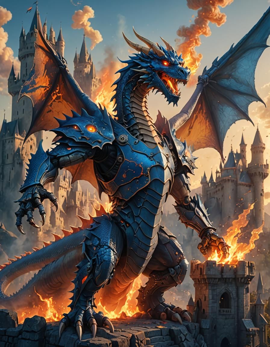 Blue Dragon Attacks Castle Defended by Robots