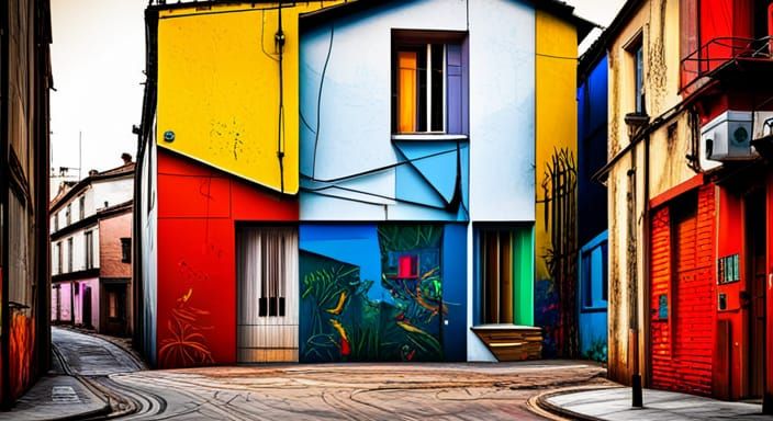 Cubist House Behind Graffiti Wall, Pop Art Style