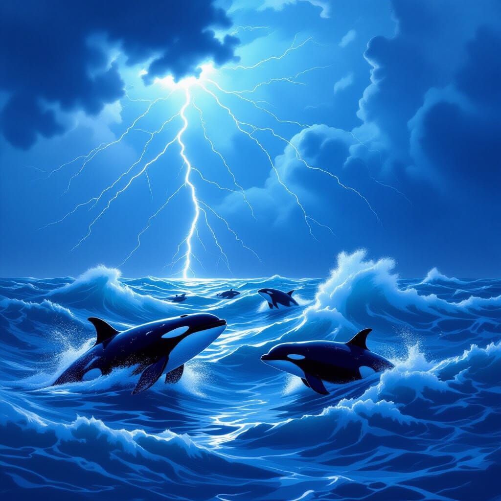 Stormy Ocean with Lightning and Swimming Whales, Digital Pai...