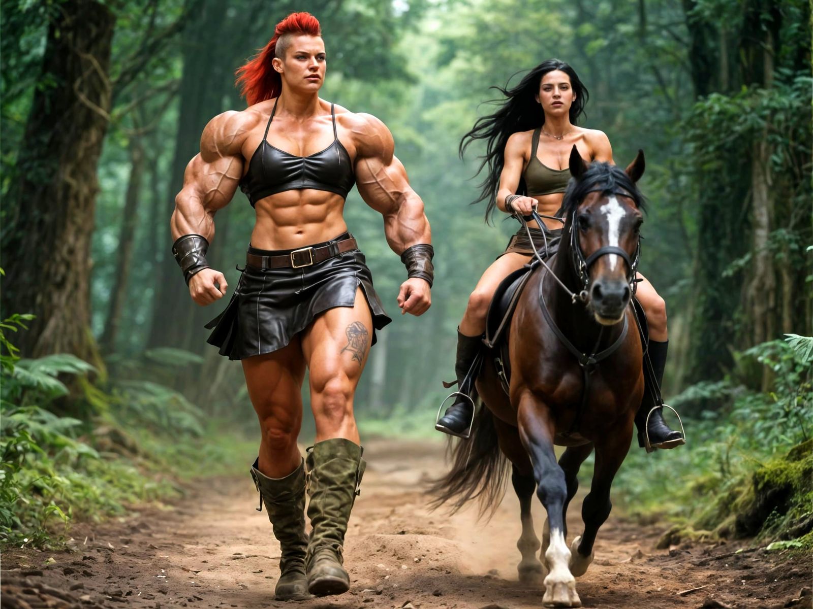 Muscular Amazonian Warriors Gallop Through Forest