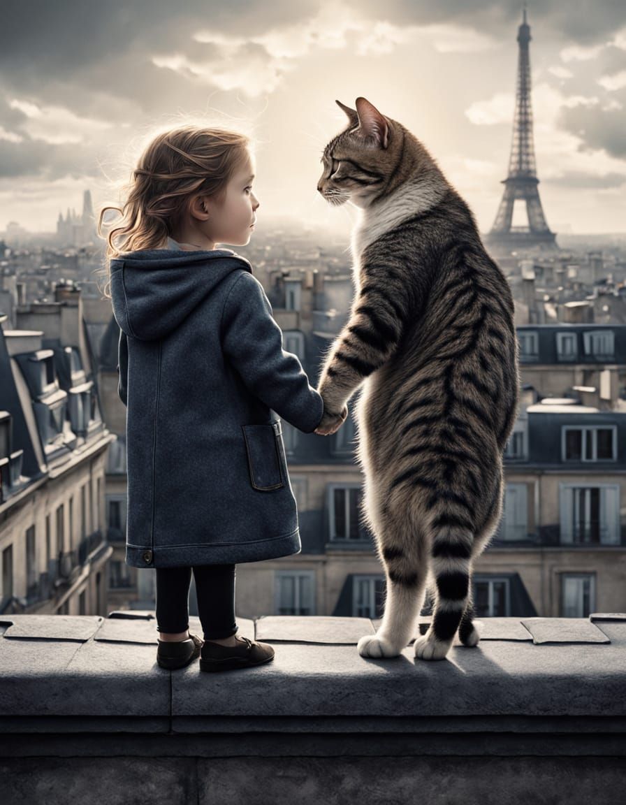 Cat and Child on Parisian Rooftop in Kondakova Style