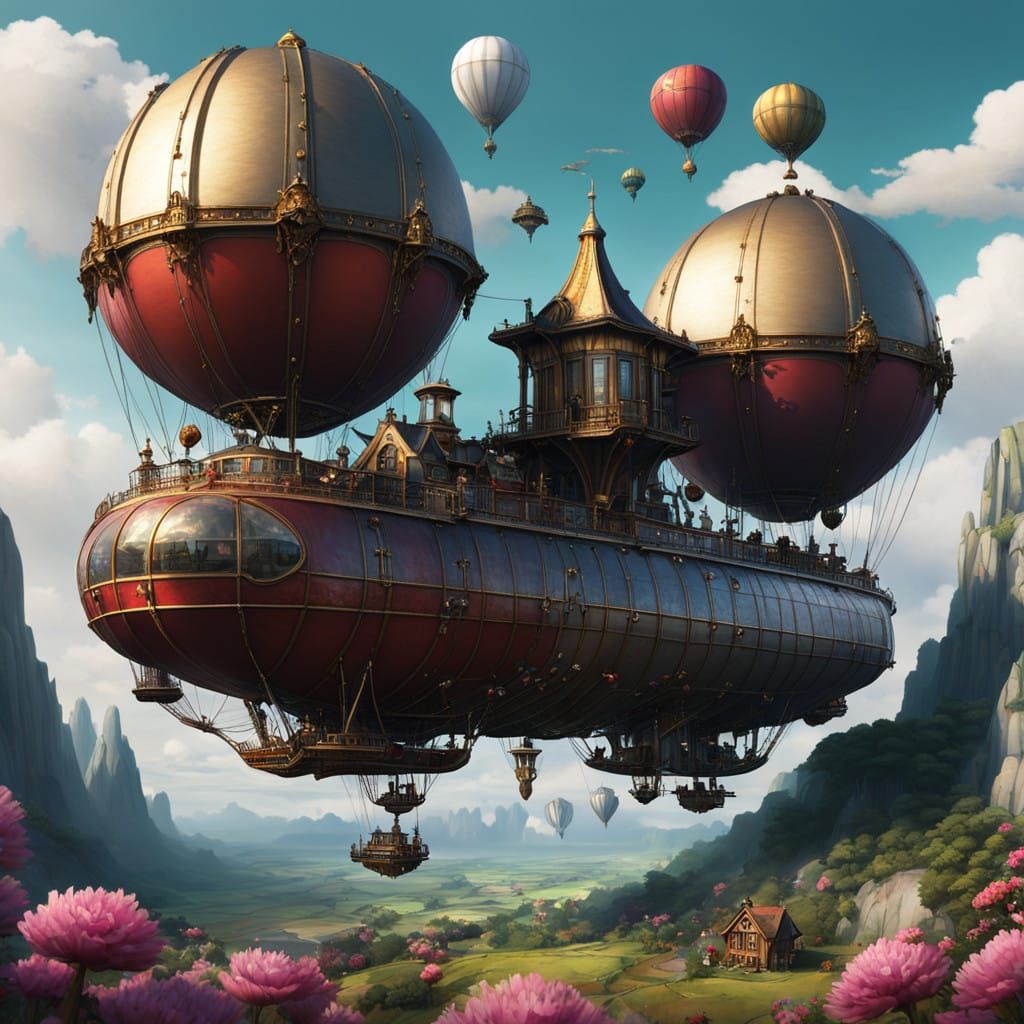 Fantastical Steampunk Metropolis of Majestic Airships and Vi...