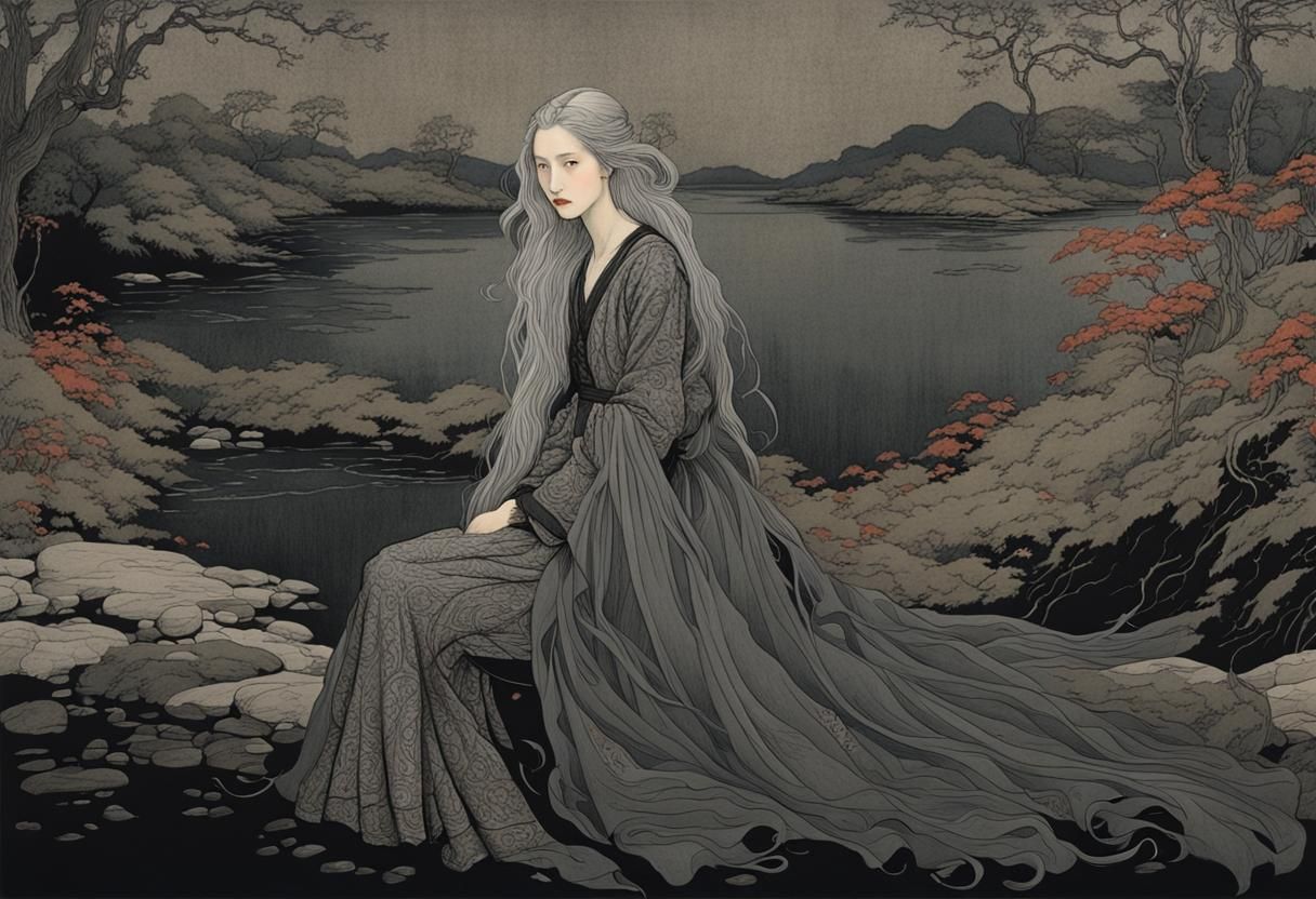 Young Woman Portrait in Organic Line Drawing Style