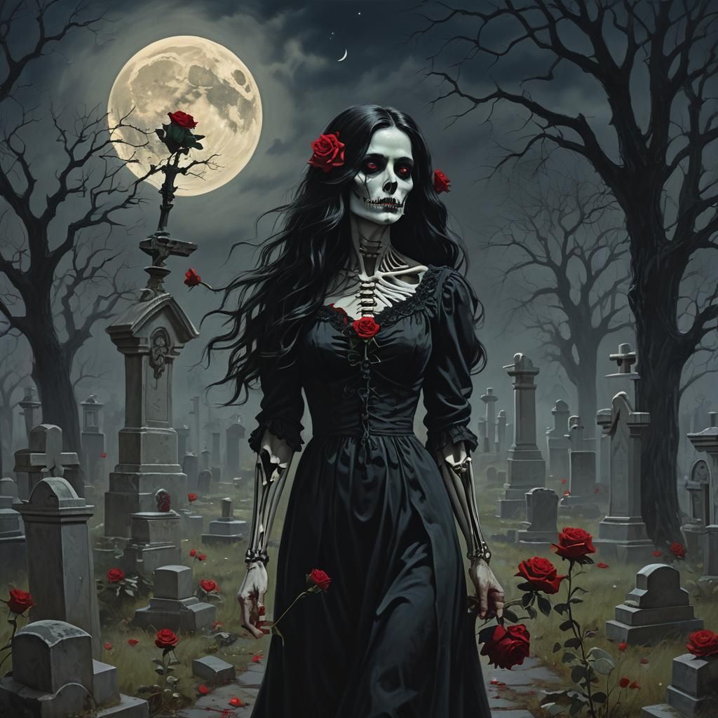 Eerie Cemetery Scene with Woman and Floating Spirits