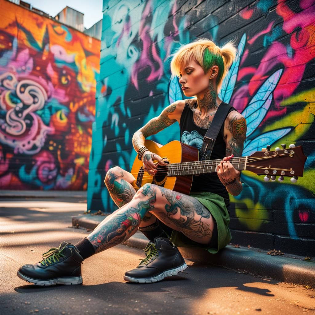 Cyberpunk Tinkerbell Plays Guitar on Graffiti Street