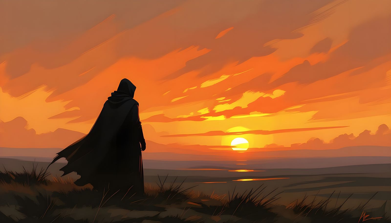 Silhouette on Windswept Moor at Sunset