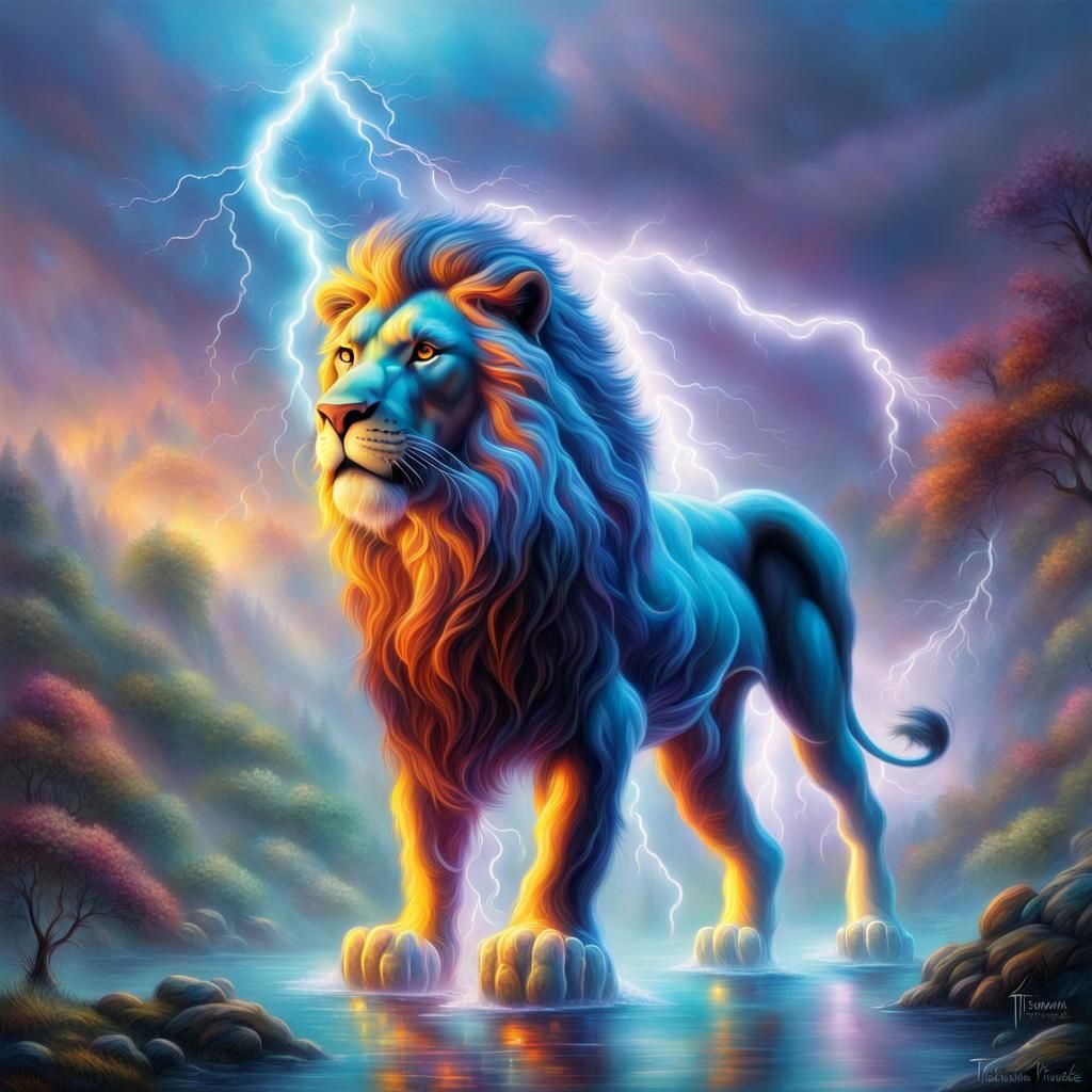 Neon Lion in Lightning Storm, Fantasy Art