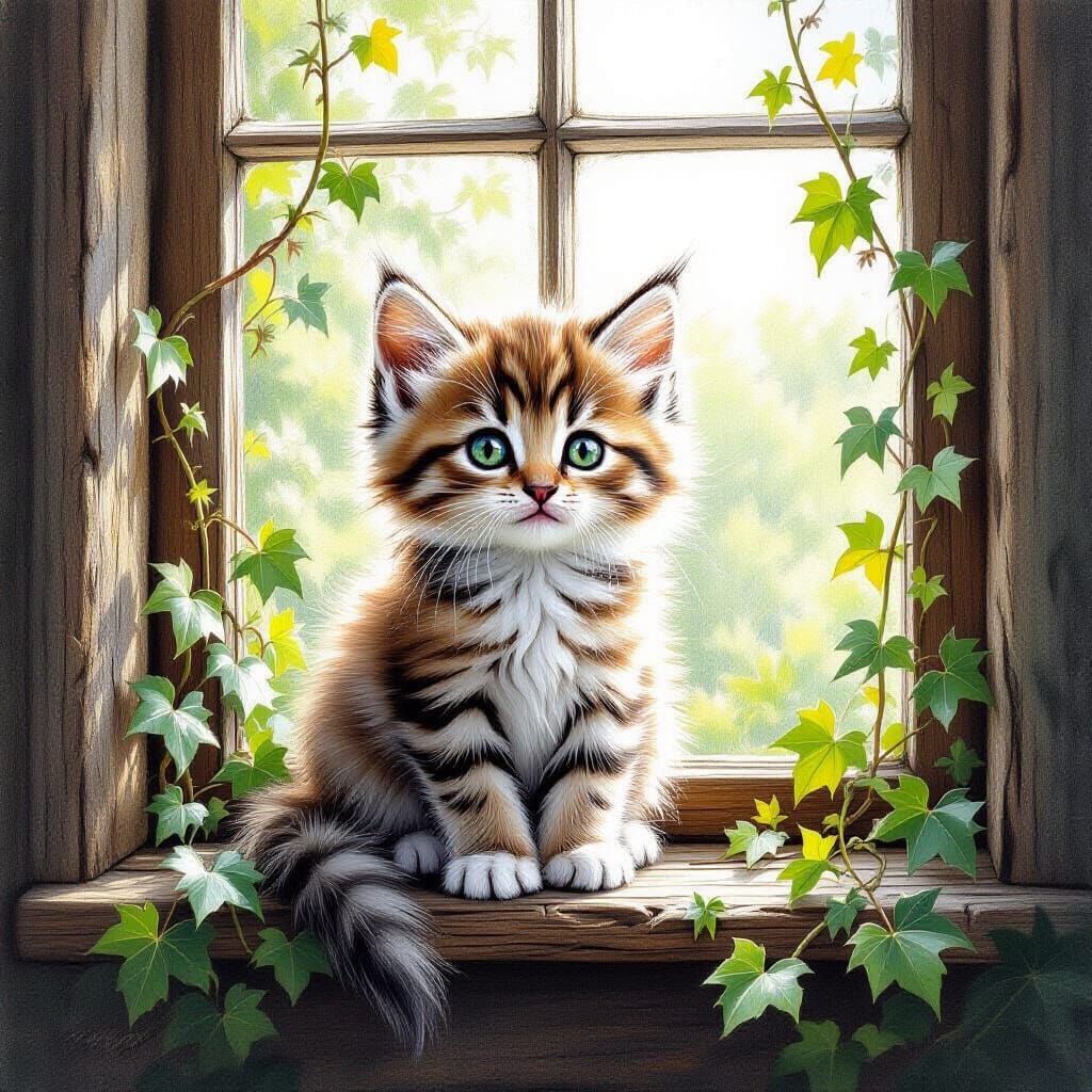 Kitten on Windowsill: Intricate Pencil Sketch in Natural Lig...