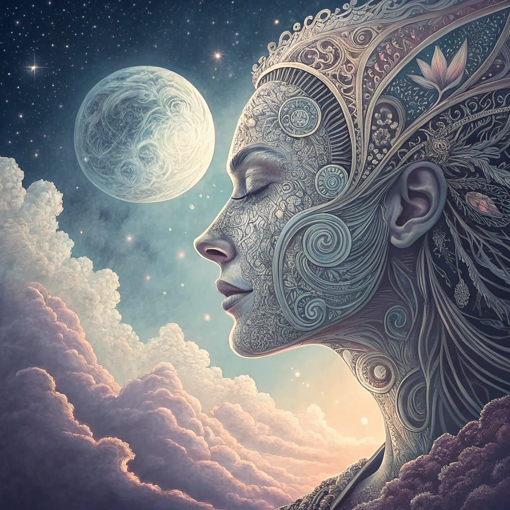 Ethereal Moonlit Face in Abstract Vector Fractal